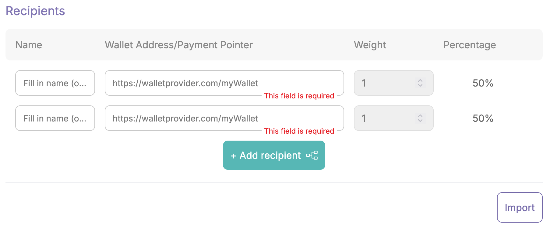 Revshare generator with no information filled in and the import button in the bottom right corner