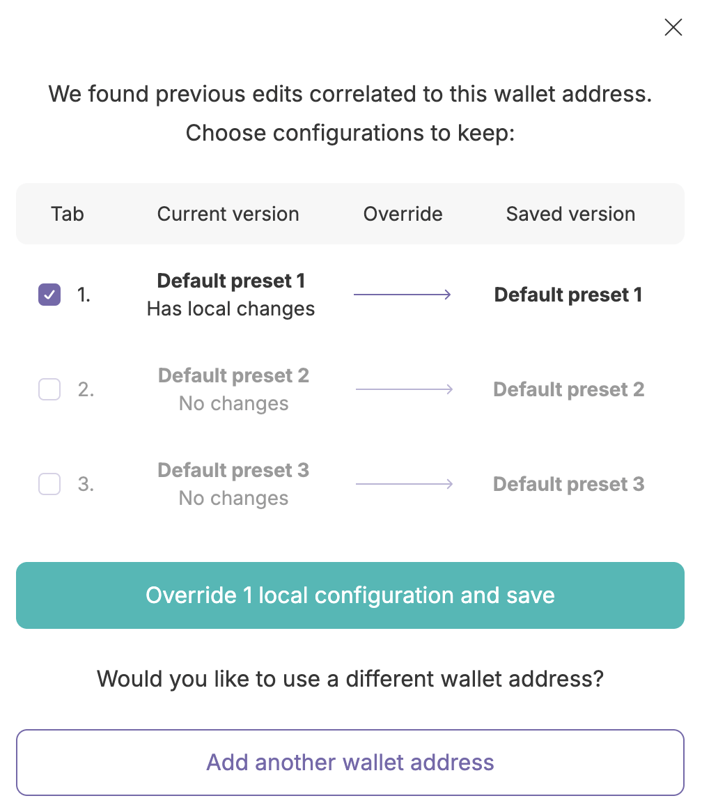 Panel listing previously saved configurations with the first configuration selected and the Add another wallet address button available