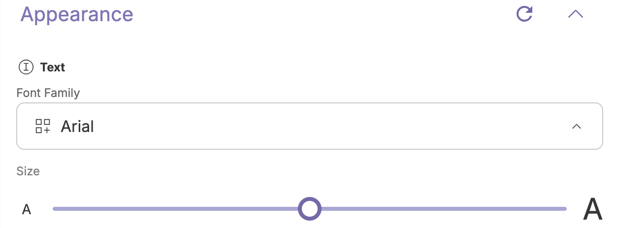 Panel showing the font family drop-down menu and a size slider