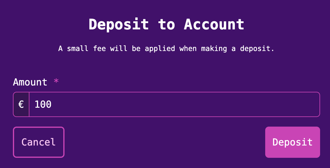Deposit to account screen with amount field