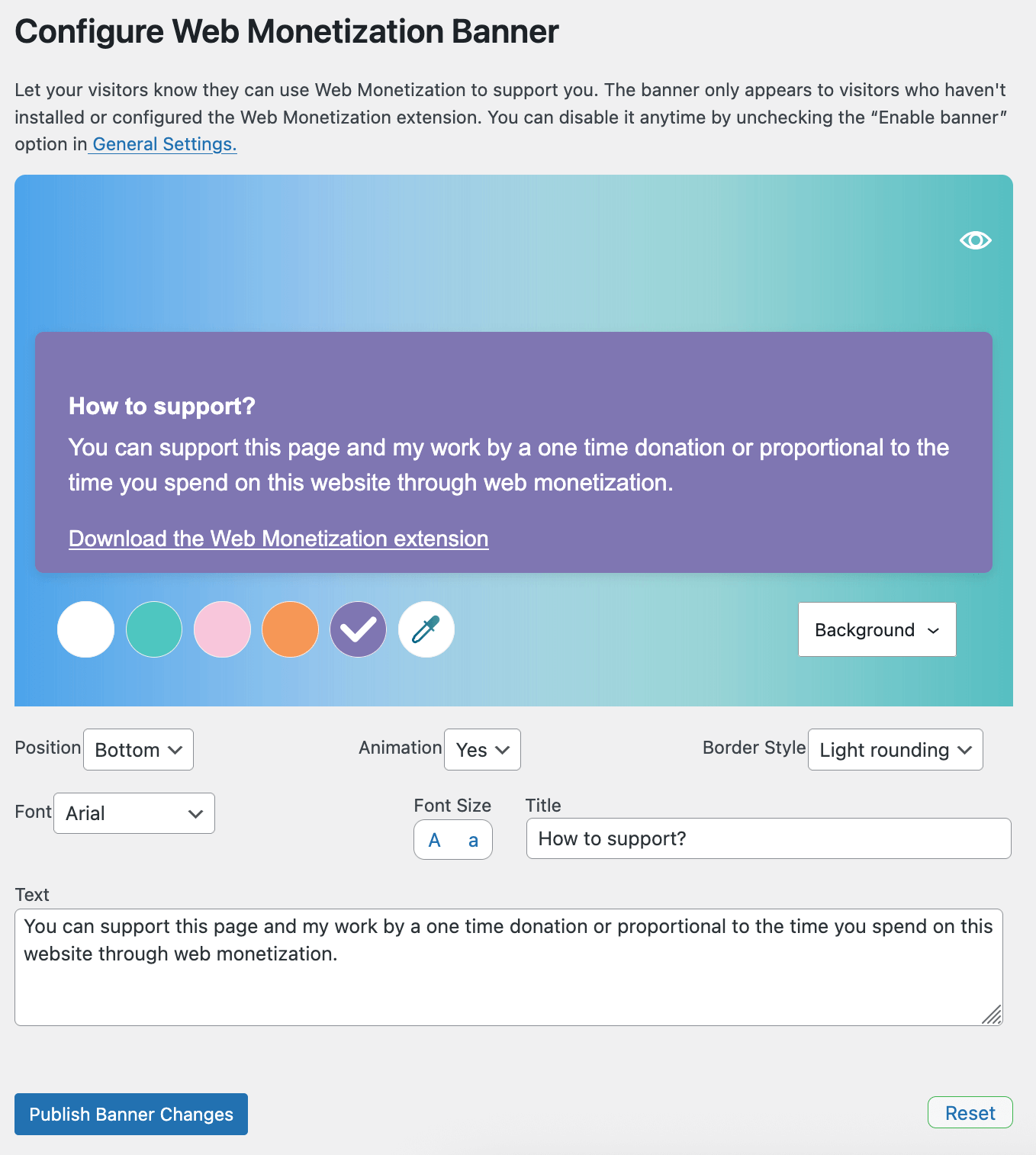 The banner settings page shows an example of what the banner will look like and configuration options such as position, font, border style, and fields to edit the title and text